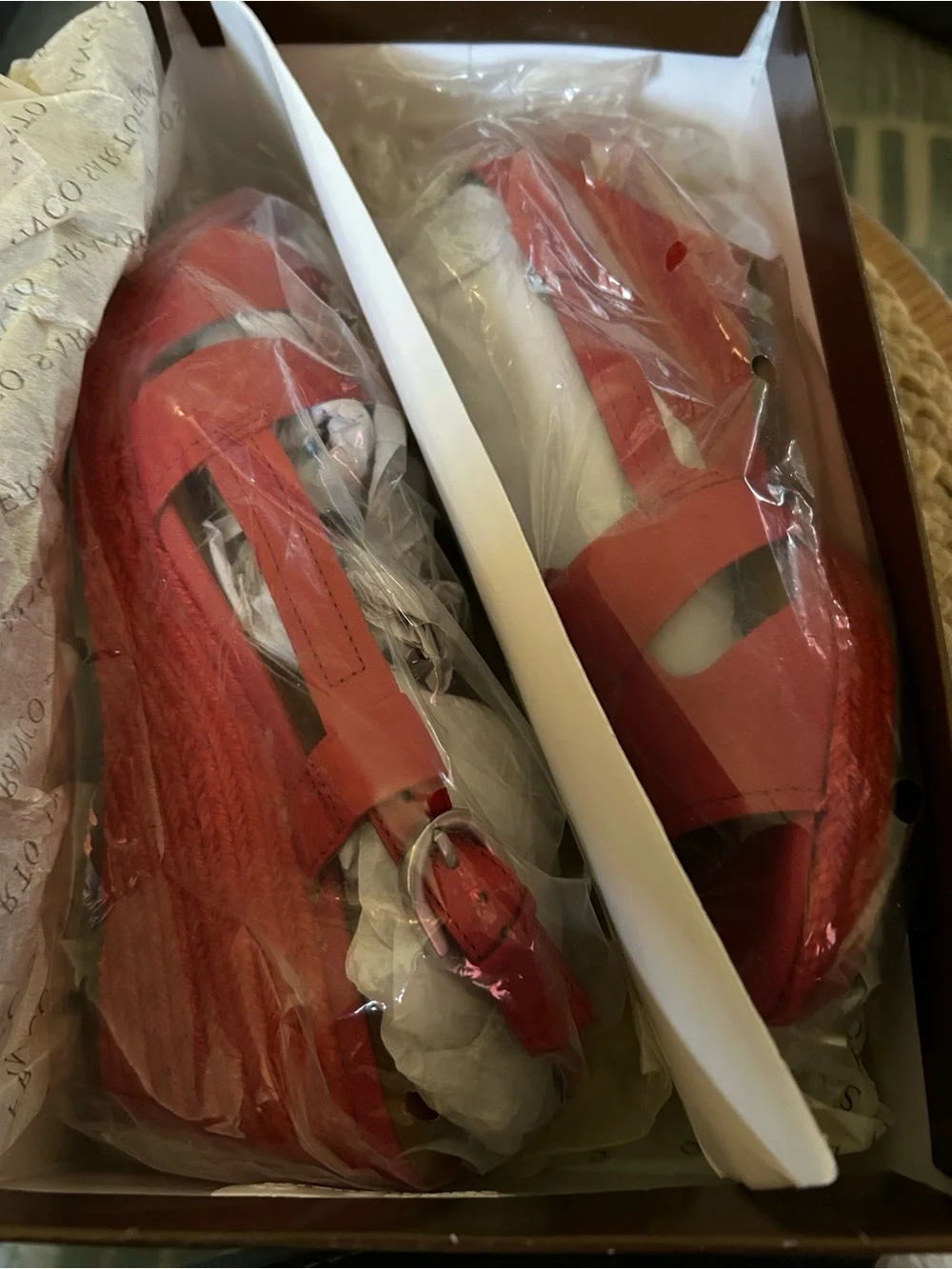 Franco Sarto Coral-Red Leather Espadrille Wedge Sandals- 3 in wedge
